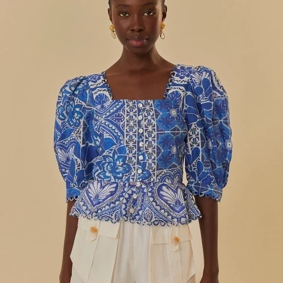 FARM RIO Blue Tile Dream Blouse M - Picture 2 of 7